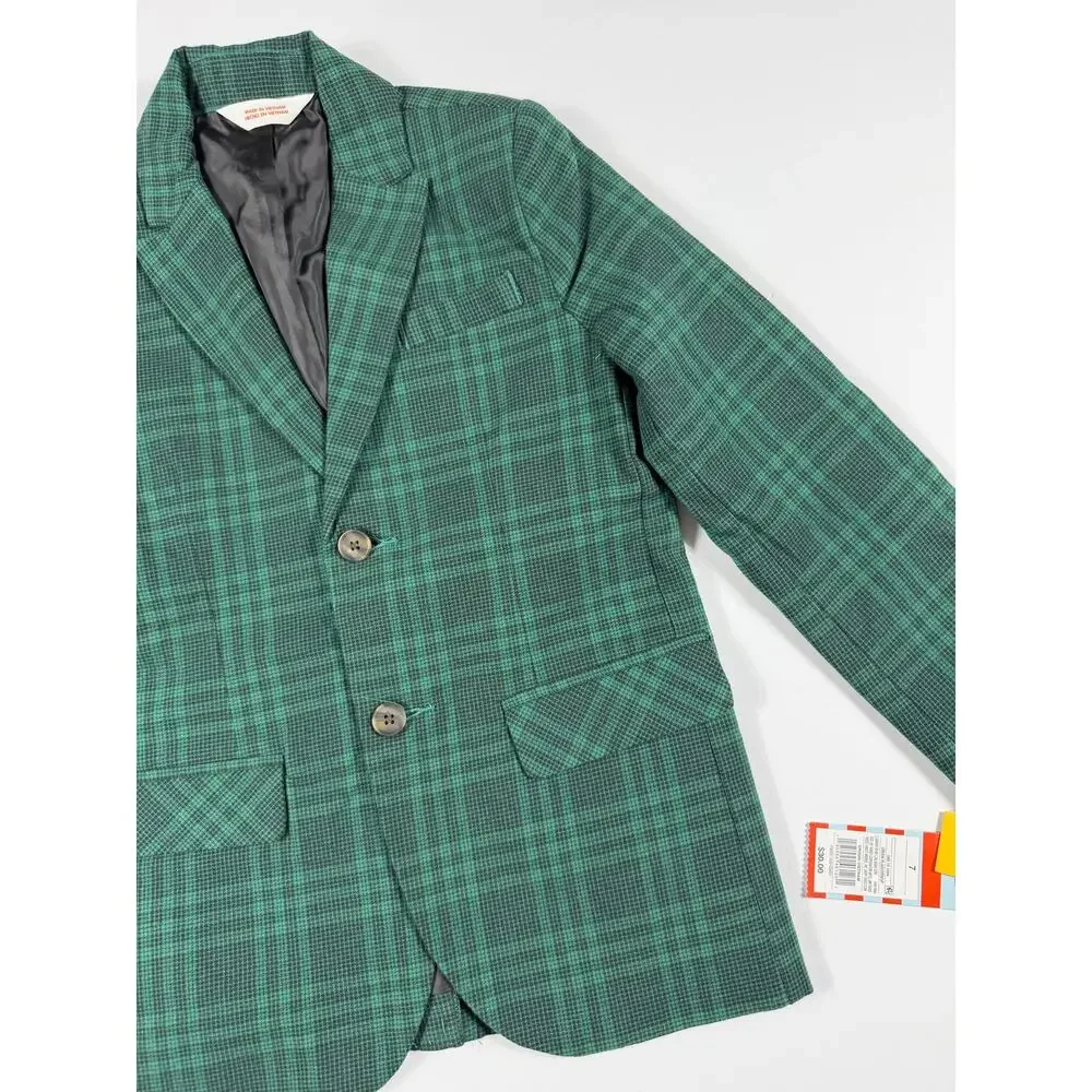 NEW Cat & Jack Boys Plaid Suit Blazer Green Stretch Jacket Size 7
